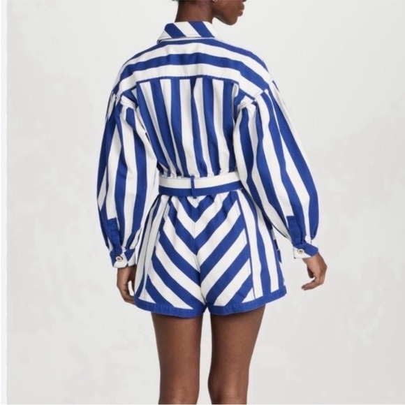 NWT FARM Rio Women’s Blue and White Striped Printed Romper Jumpsuit Tie Belt XXS - Picture 4 of 16